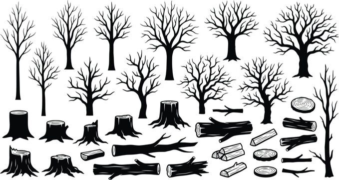 Black and White Tree Stumps Fallen Logs Woodland Silhouette Collection