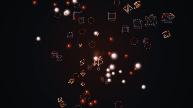 Abstract background featuring glowing orange and white particles, geometric wireframe shapes, and circles floating in a dark space.