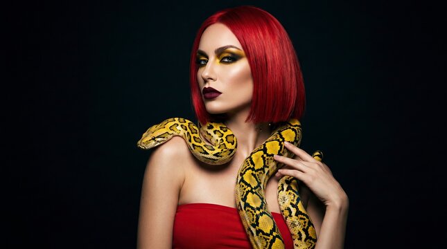 Young woman with red hair and yellow makeup holding a python snake