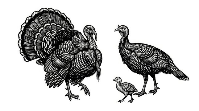 Vintage engraving of wild turkeys displaying and with a young poult