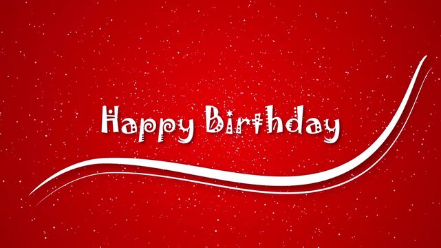 White happy birthday text animation with glitter shower, sparkling particles, balloons, cake candles, fireworks and confetti, luxury celebration greeting card design on red background, abstract 4k