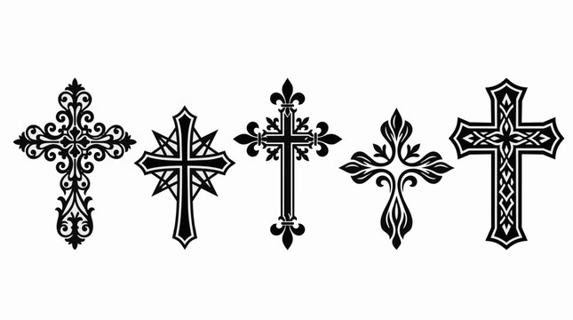 Vintage ornate christian cross collection, 5 black decorative crucifix icons, gothic religious vector set for tattoo and engraving