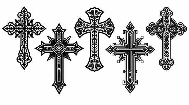 Gothic ornate cross collection, 5 decorative religious crucifix vectors. Vintage filigree christian cross set, black and white tattoo art.
