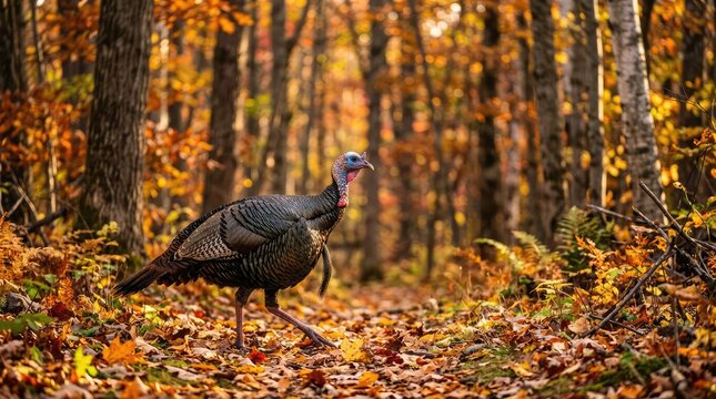 Wild turkey foraging in a colorful autumn forest with fallen leaves and warm light