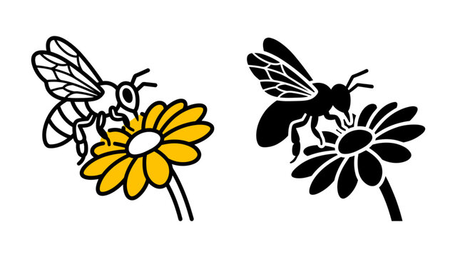 Set of bee and flower icons in outline and silhouette styles.