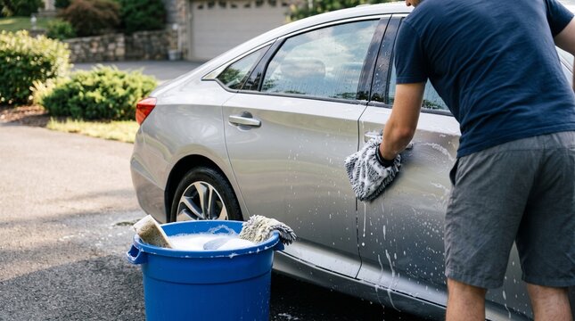 Man washing silver vehicle with soapy sponge on sunny driveway