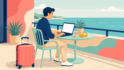 Man sits on balcony, working on laptop. Ocean views, potted plants, and soft pastel tones. He looks relaxed, focused, enjoying travel pause. Perfect for remote work, digital nomad, or vacation themes © LarisaM