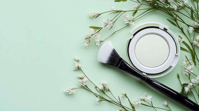Elegant minimalist flat lay featuring makeup powder compact, fan brush, and delicate white flowers on a soft pastel green background for beauty and cosmetics themes