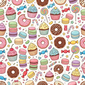 Seamless square pattern with cupcakes, donuts, macarons and candies, colorful bakery theme, cute vector design