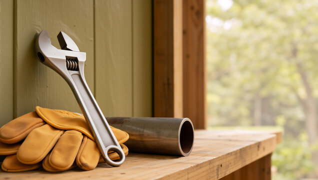Close up of an adjustable wrench and leather work gloves on a wooden workbench. DIY home improvement tools in a workshop. Construction and repair concept