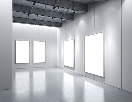 Modern gallery interior with industrial grey concrete ceiling and white walls with blank glowing exhibition lightboxes, ideal for commercial art display mockups.