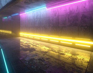 Fototapeta premium Modern empty concrete hall with blank dark walls and glowing neon lights, ideal for futuristic corporate backgrounds and sci-fi presentations.