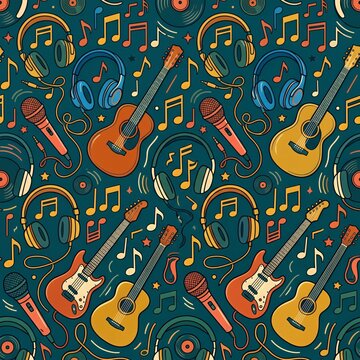 Seamless square pattern featuring headphones, musical notes, guitars and microphones, modern music-themed design