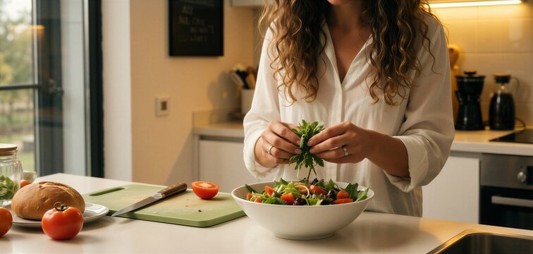 Woman cooking a fresh salad at home, lifestyle food photography scene with natural light.