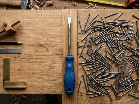 Top view of a flathead screwdriver placed on a wooden workbench surrounded by scattered metal nails and various woodworking tools