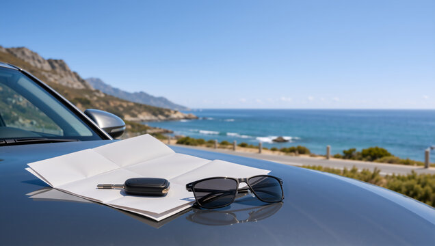 Sunglasses, car key, and map on a vehicle hood. Road trip concept with coastal highway and ocean background. Summer travel adventure