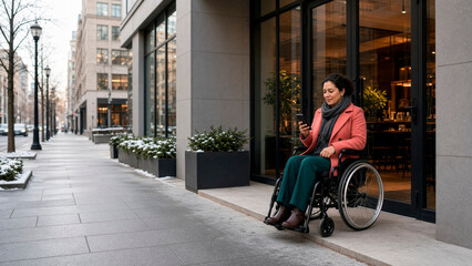 Obraz premium Woman Using Wheelchair Arriving at Contemporary Accessible Hotel on Snowy Street