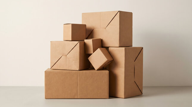 A collection of various sized brown cardboard shipping boxes stacked neatly on a clean surface against a neutral background representing logistics, delivery, storage, moving, and e-commerce packaging.