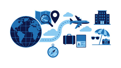 Blue travel and vacation infographic elements with world globe airplane and beach items © Rabbi