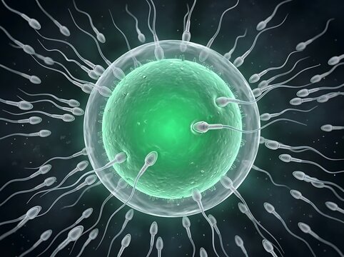 3d illustration of human sperm cells swimming towards a human egg cell for fertilization