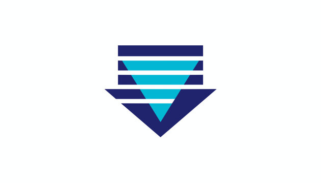 Abstract geometric logo design of a blue arrow pointing downwards with horizontal striped lines on a white background.