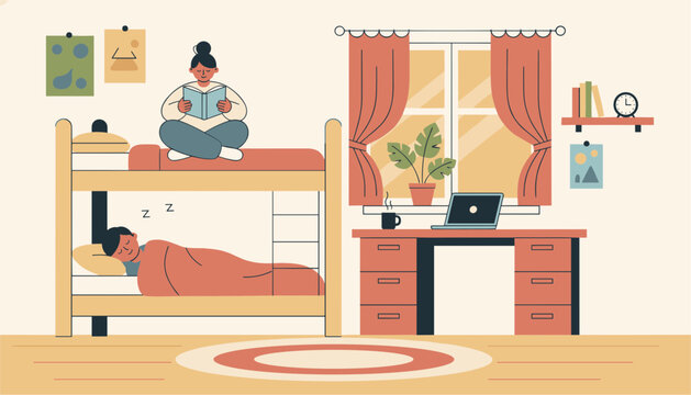 Cozy student dormitory room scene with bunk beds, one person reading a book and another sleeping, next to a study desk.