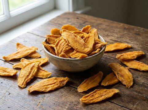 Healthy dried mango slices in a small white bowl on a rustic dark wooden table in natural morning light