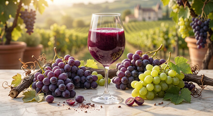 Obraz premium Rich Purple Grape Juice Glass with Fresh Colorful Grape Clusters