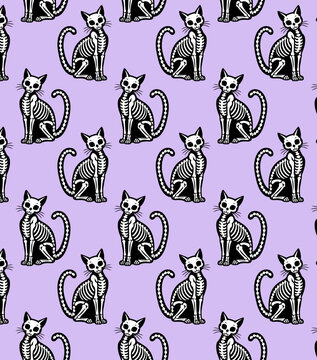 Fun cat skeleton seamless repeat pattern in a vector print for backgrounds, Halloween costumes and fabric