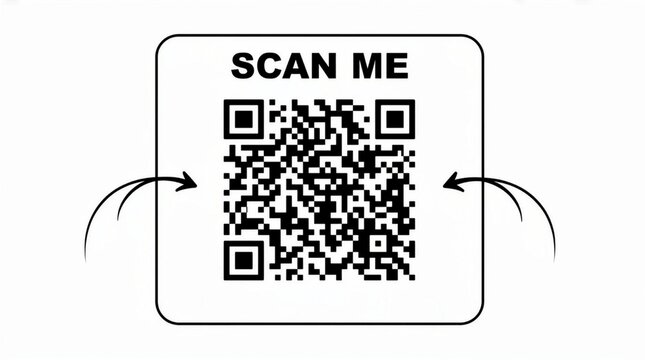 A black and white QR code vector icon with Scan Me text typography, two pointing doodle arrows, and a rounded square frame, isolated on a minimal solid white background template.