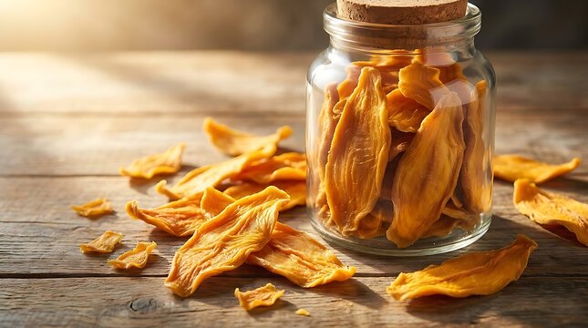 Healthy dried mango slices in a glass jar on a rustic wooden table under warm golden morning light