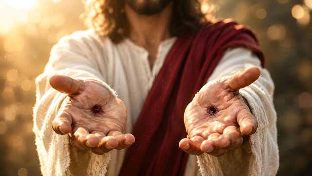 Jesus christ reaching out with open hands showing nail wounds, divine light background, spiritual concept of grace