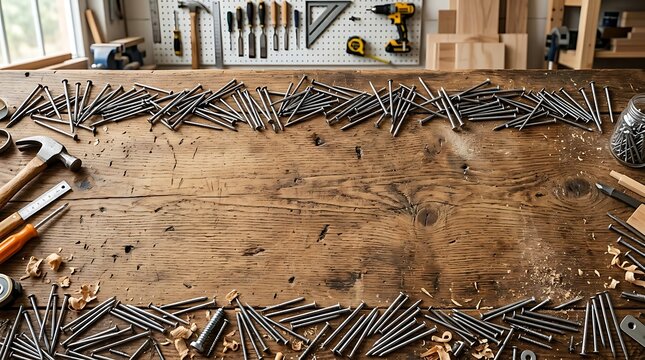 Top view of a rustic wooden workbench with a hammer, tools, and scattered nails arranged in a frame, providing ample copy space for carpentry projects
