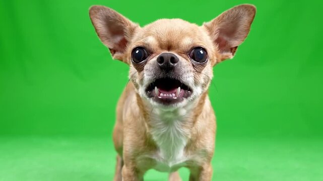 Cute small chihuahua dog standing isolated on a green screen chroma key background