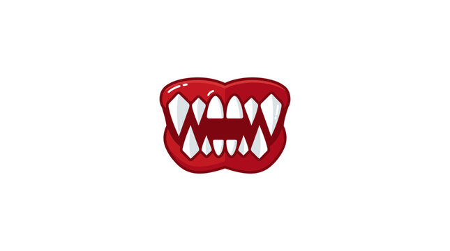 Vampire mouth icon with sharp fangs and red lips isolated on white.