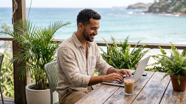 Digital Nomad Working on Laptop at Tropical Beach Cafe with Ocean View