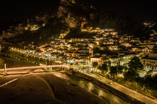 Illuminated Berat and Gorica Bridge at Night, Albania