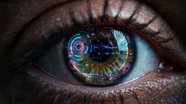 Human eye blinks in futuristic closeup, with digital iris graphics glowing across pupil. Eye holds steady while neon interface rings suggest cybernetic awareness and intense focus.