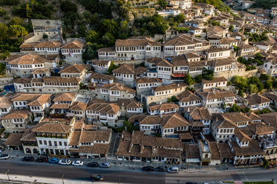 Berat Historic Hillside Townscape with Traditional Stone-and-Plaster Buildings