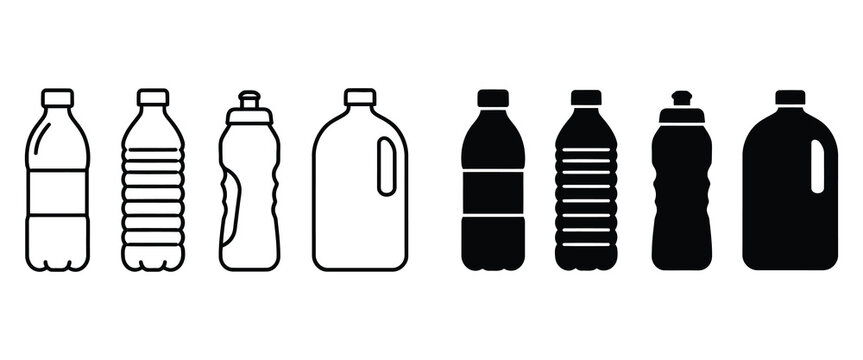 Collection of various plastic water bottles and jugs in line and silhouette styles with container