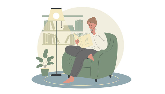 Young woman enjoys reading an interesting book while sitting comfortably in a cozy green armchair under a floor lamp.