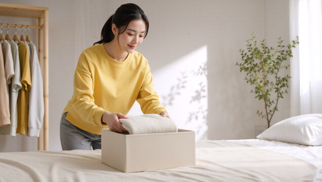 Young Asian woman folding clothes into a storage box in a bright bedroom. Minimalist home organization and decluttering concept