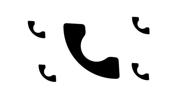 Zoom in and out animation the phone handset symbol. Large black symbol in the center and four small symbols around. Seamless looped 4k animation on white background