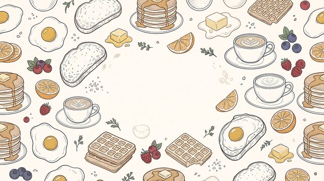 Hand drawn breakfast food frame with pancakes waffles fried eggs and berries on white background