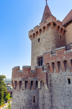 Close view of a fortified tower at Corvin Castle in Hunedoara Transylvania Romania