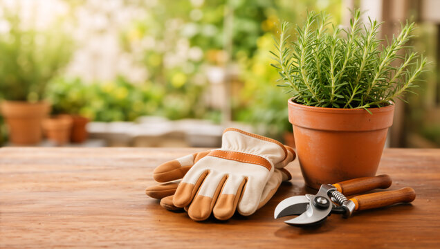 Gardening tools and rosemary plant in a terracotta pot on a wooden table. Leather work gloves and hand pruners with blurred garden background. Spring planting concept