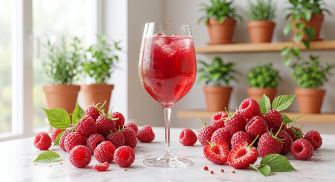 Vibrant Raspberry Juice Glass Surrounded by Fresh Ruby Raspberries