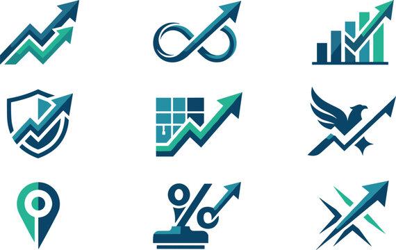 Financial growth logo vector icon set featuring upward arrows bar charts infinity symbol shield eagle pin and percentage signs for corporate business branding