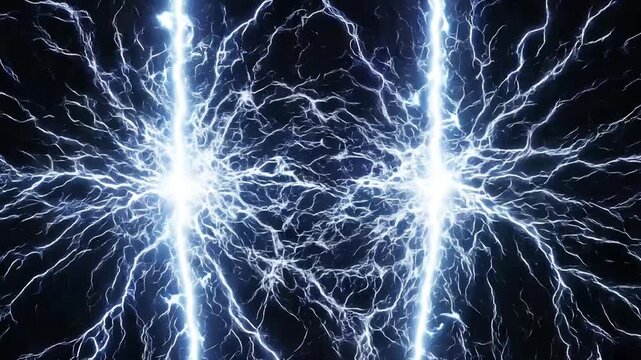 Intense vertical blue lightning bolt electrical plasma energy background
