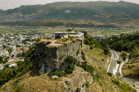 Gjirokaster Fortress Aerial View Over Town, Agricultural Valley, and Mountain Landscape